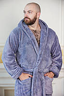 Мужской МАХРОВЫЙ ХАЛАТ ВЕЛСОФТ с капюшононом 2XL-5XL длинный ГРАФИТ/СЕРЫЙ 1024