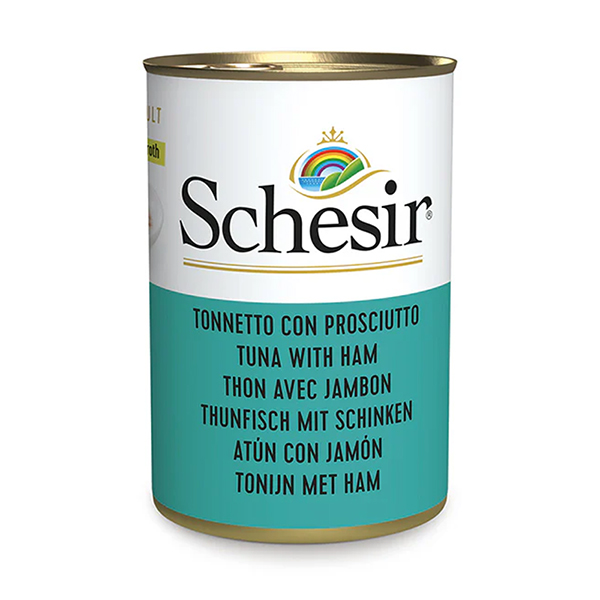 Schesir Tuna with Ham ШЕЗІР ТУНЕЦЬ З ШИНКОЮ в бульйоні натуральні консерви для котів, вологий корм, банка 140г