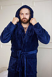 Чоловічий Махровий Халат ВЕЛСОФТ з каюшоном 2XL-5XL довгий СИНІЙ 1024