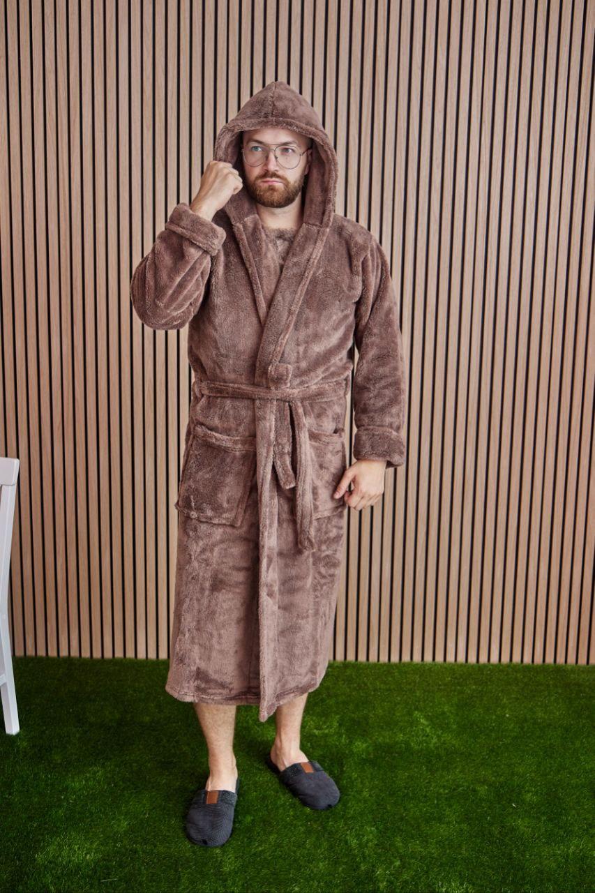 Чоловічий МАХРОВИЙ Халат ВЕЛСОФТ з каюшоном 2XL-5XL довгий ШОКОЛАД/КАПУЧІНО 1024, фото 1