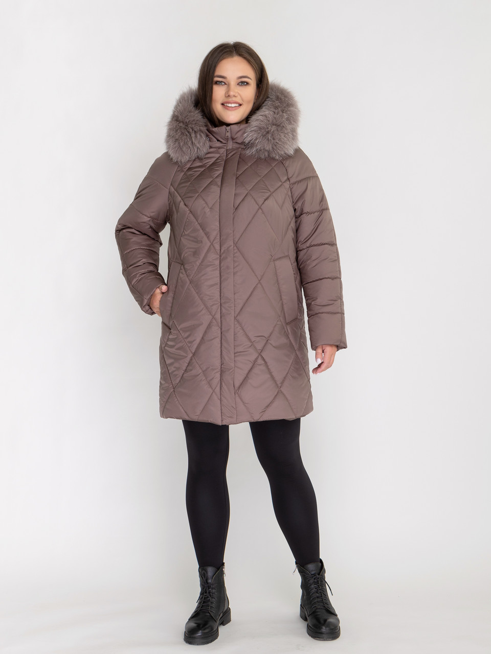 Зимова жіноча тепла куртка пуховик великих розмірів, середня довжина, хутро песець на капюшоні, фото 1