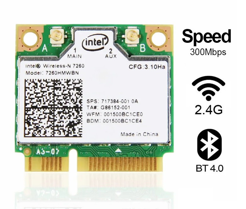 Wi-fi+BT модуль HalfSize Mini PCIE Intel Wireless-N 7260 7260hmw (717382-001) 802.11 b,g,n, 300Mbps 2.4ghz