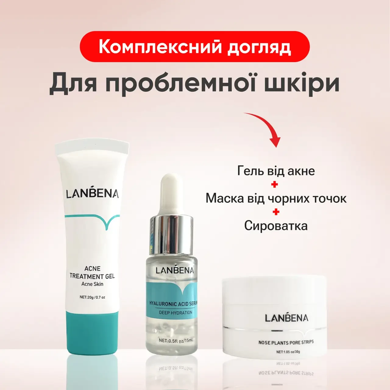 Комплексний догляд за проблемною шкірою Lanbena. Маска від чорних точок, гель від акне, сироватка