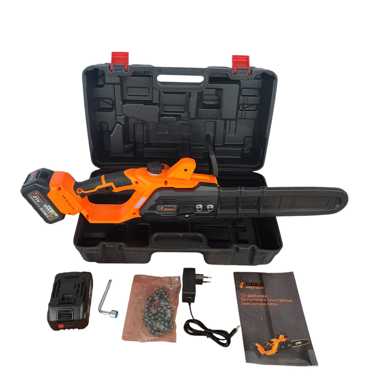 Пила ланцюгова TigerProTech CS-S4 12-дюймова, безщіточна, електрична 1500Вт, 5400 об/хв, 2 АКБ 21В/4A, кейс