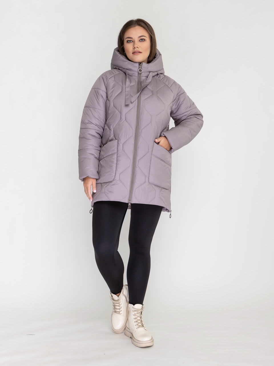 Зимова жіноча зручна світла перлинна куртка пуховик великих розмірів, фото 1