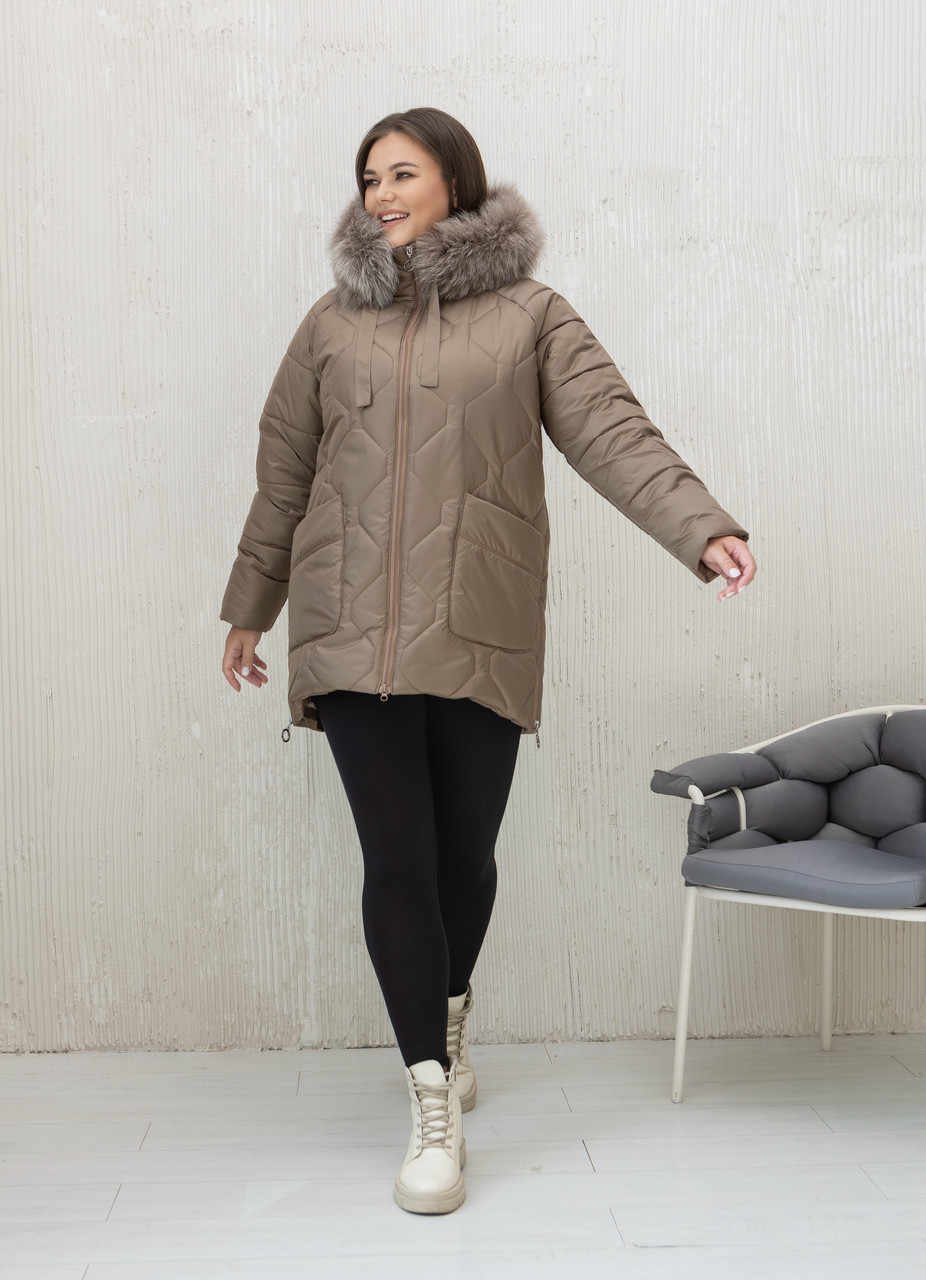 Жіночий теплий якісний пуховик середньої довжини з хутром, великі розміри.  Бежевий пуховик жіночий, фото 1