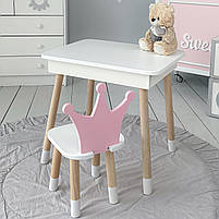 Стіл та стілець для дитини, столик із підйомною шухлядою 53х60х45 стільчик корона для відпочинку 26.5х26х25, білий з рожевим, фото 2