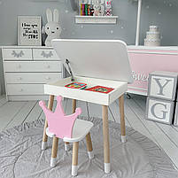 Стіл та стілець для дитини, столик із підйомною шухлядою 53х60х45 стільчик корона для відпочинку 26.5х26х25, білий з рожевим, фото 3