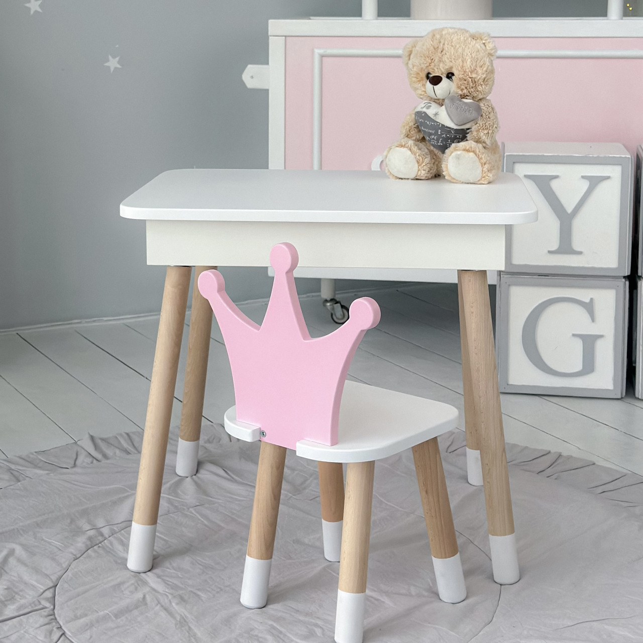 Стіл та стілець для дитини, столик із підйомною шухлядою 53х60х45 стільчик корона для відпочинку 26.5х26х25, білий з рожевим, фото 1
