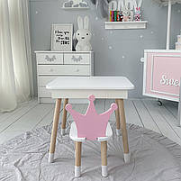 Стіл та стілець для дитини, столик із підйомною шухлядою 53х60х45 стільчик корона для відпочинку 26.5х26х25, білий з рожевим, фото 5