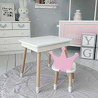 Стіл та стілець для дитини, столик із підйомною шухлядою 53х60х45 стільчик корона для відпочинку 26.5х26х25, білий з рожевим, фото 6