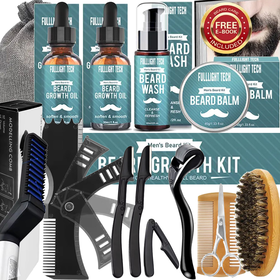 Великий чоловічий набір для догляду за бородою та вусами Barbers, для росту бороди, бальзам, Випрямляч, шаблон