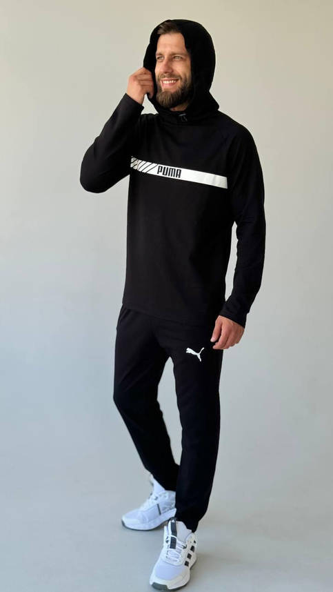 Чорний чоловічий спортивний костюм Puma демісезон костюм на хлопця з капюшоном стильний молодіжний повсякденний, фото 1