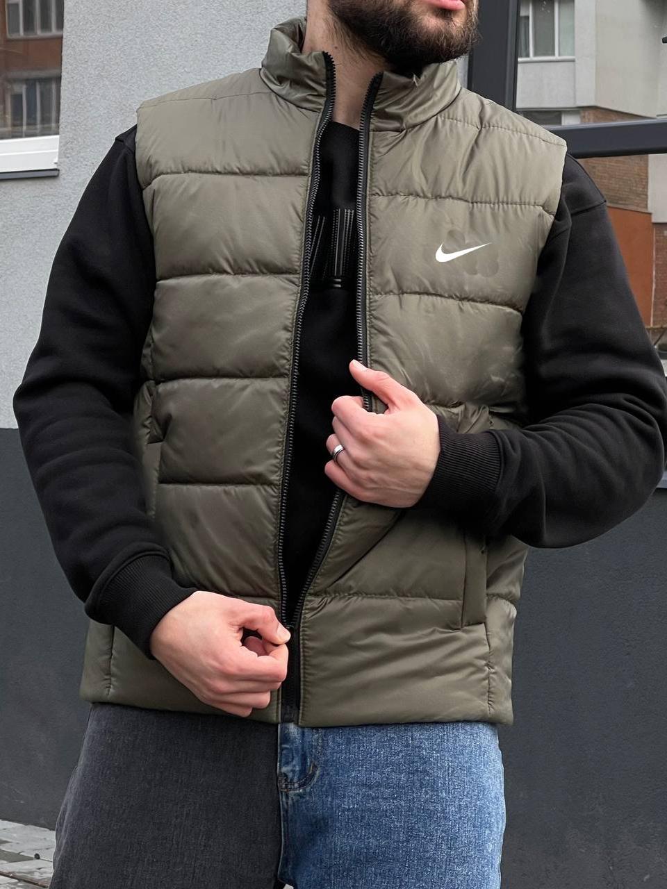 Жилетка мужская без капюшона цвет хаки на весну-осень жилет безрукавка спортивный повседневный молодежный