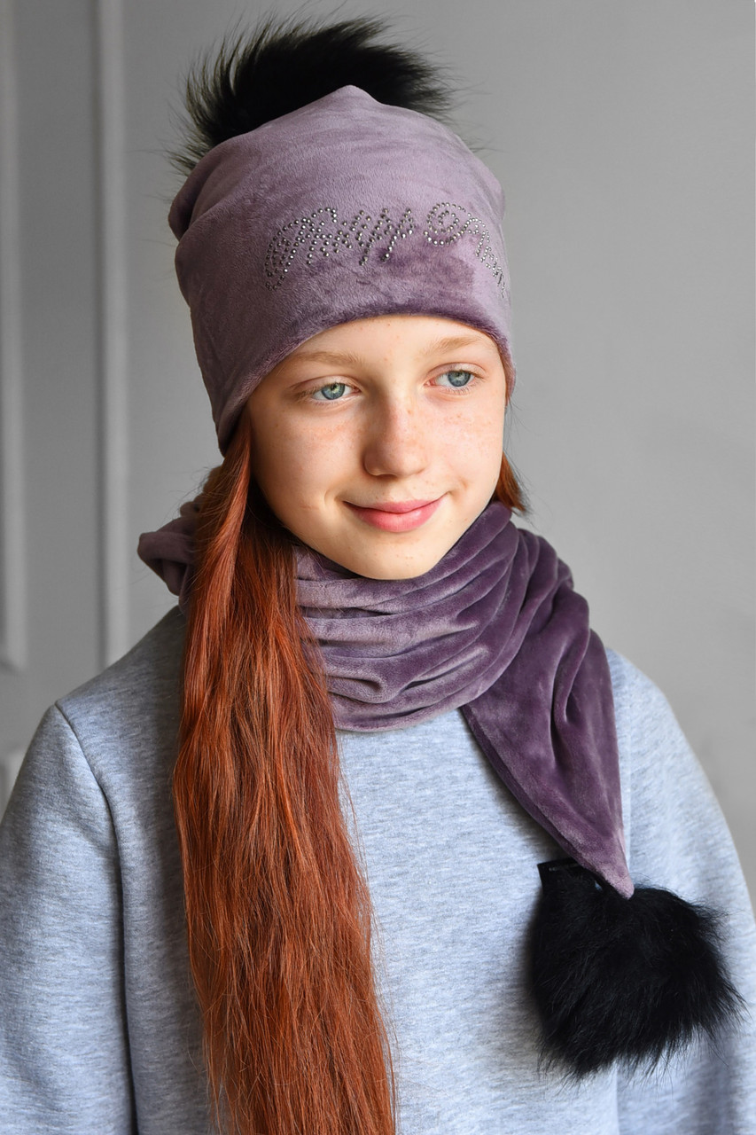Набір шапка+шарф підлітковий для дівчинки велюровий бузкового кольору 182945M, фото 1