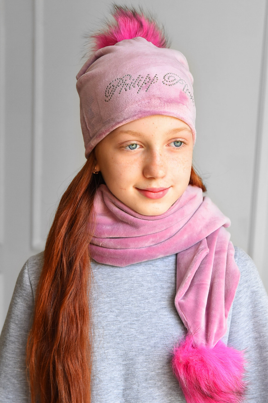 Набір шапка+шарф підлітковий для дівчинки велюровий рожевого кольору 182950M, фото 1