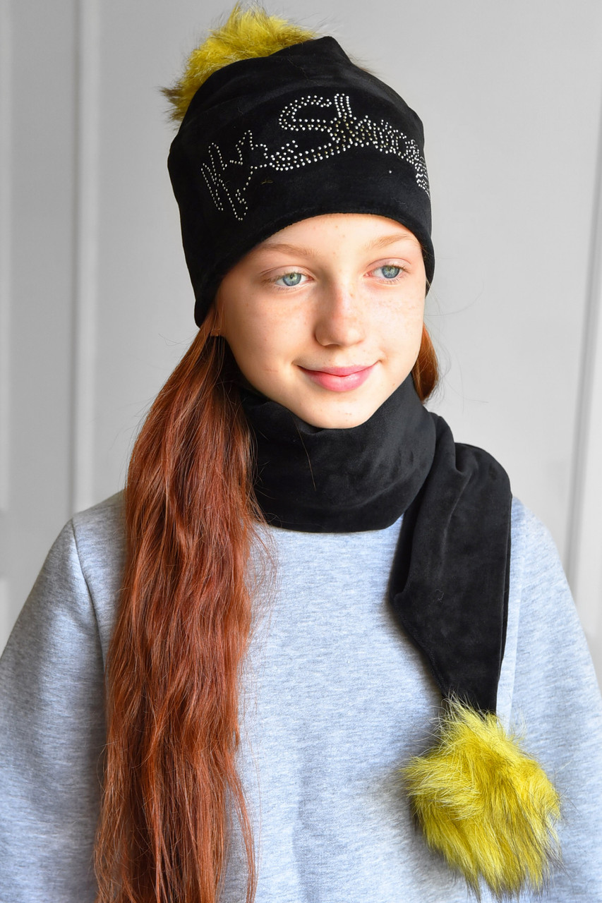 Набір шапка+шарф підлітковий для дівчинки велюровий чорного кольору 182957M, фото 1
