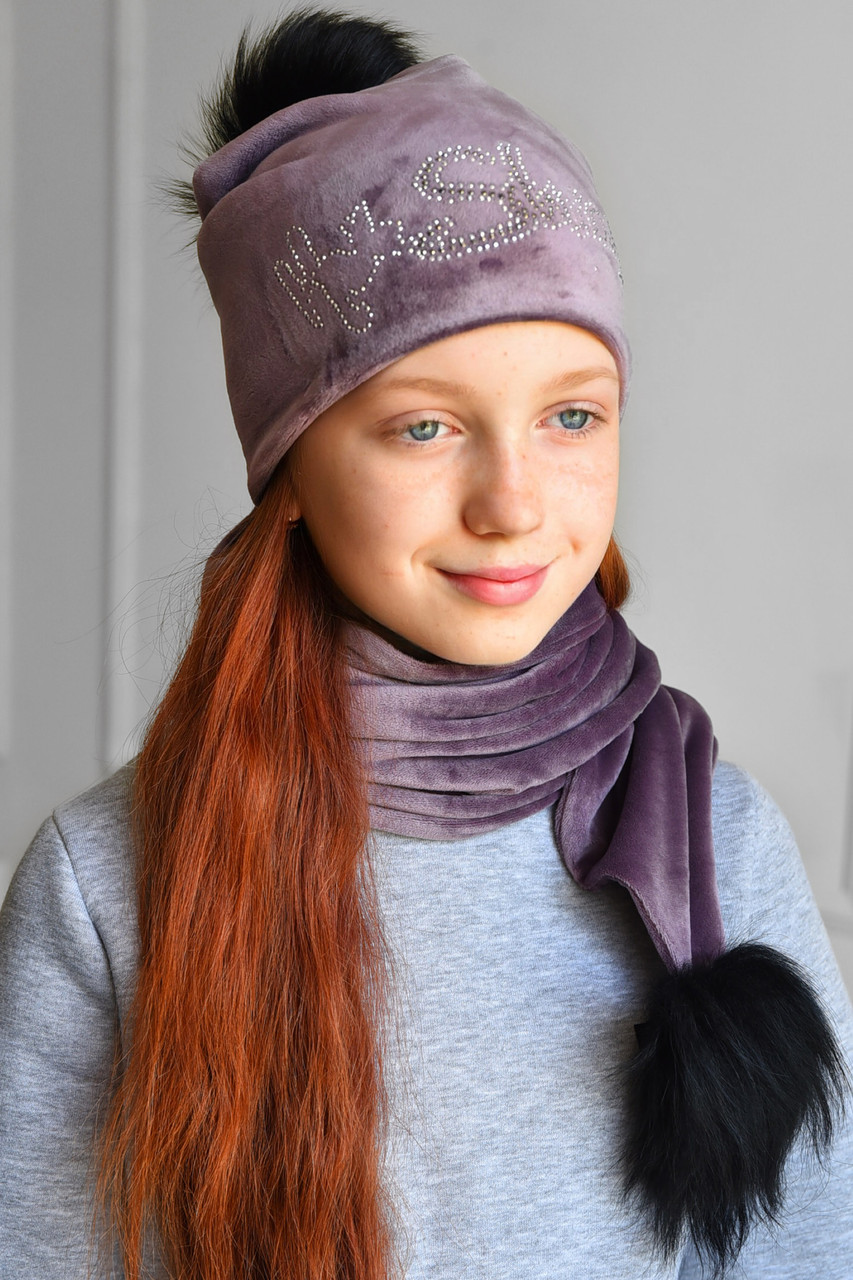 Набір шапка+шарф підлітковий для дівчинки велюровий фіолетового кольору 182958M, фото 1