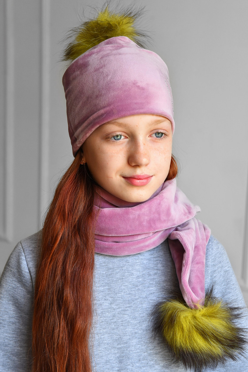 Набір шапка+шарф підлітковий для дівчинки велюровий рожевого кольору 182962M, фото 1
