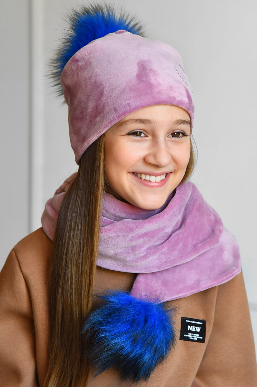 Набір шапка+шарф підлітковий для дівчинки велюровий рожевого кольору 182973M, фото 1