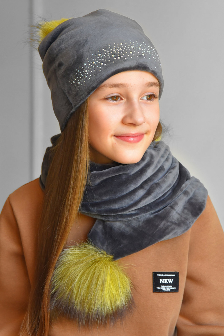 Набір шапка+шарф підлітковий для дівчинки велюровий сірого кольору 183026M, фото 1