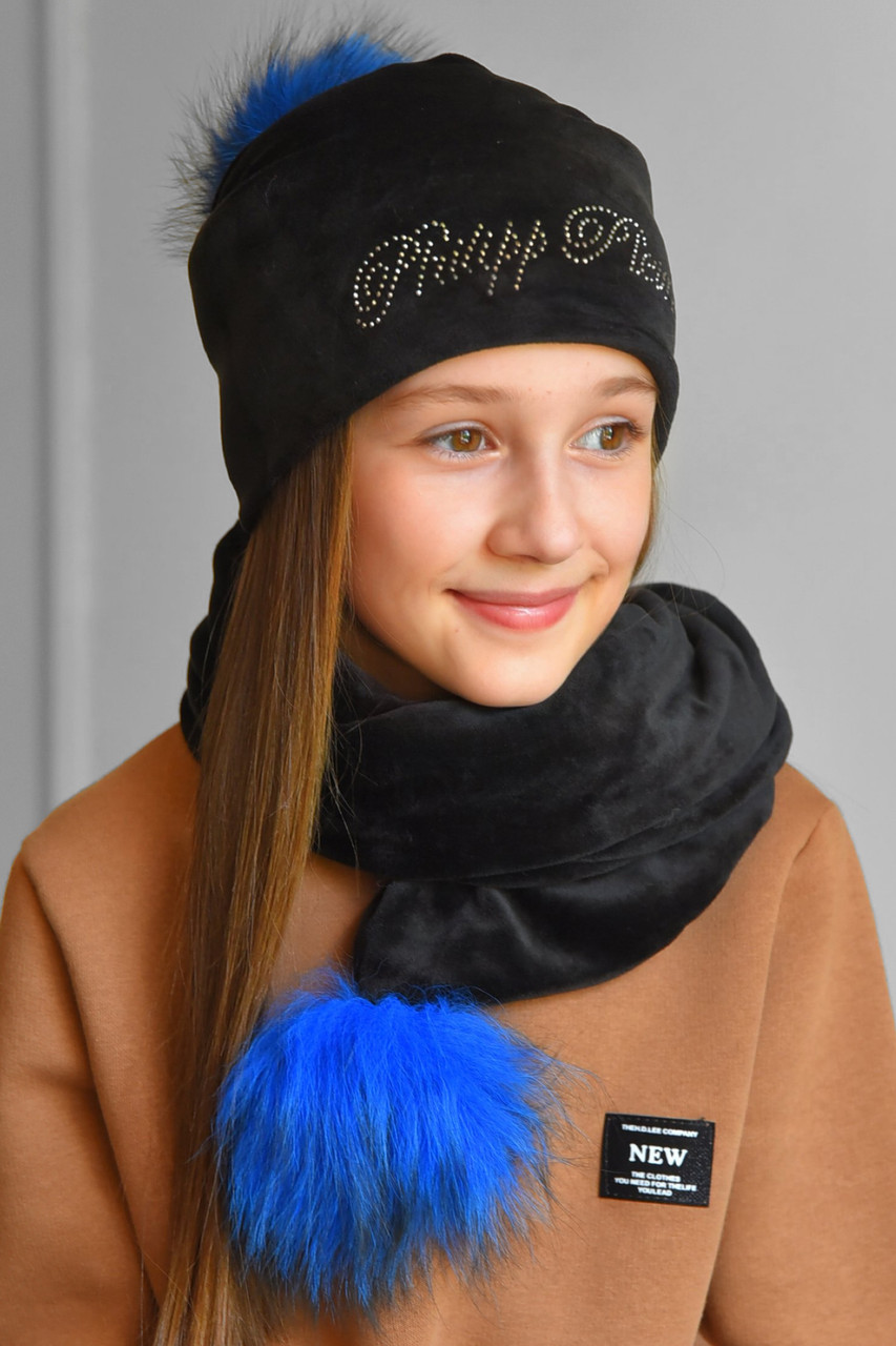 Набір шапка+шарф підлітковий для дівчинки велюровий чорного кольору 183033M, фото 1