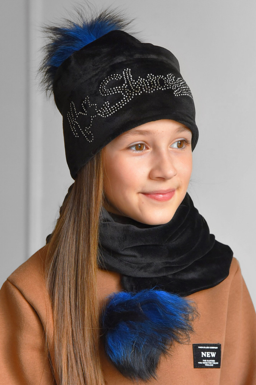 Набір шапка+шарф підлітковий для дівчинки велюровий чорного кольору 183307M, фото 1