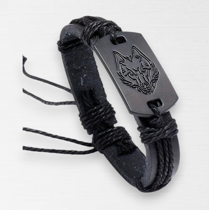 Чоловічий панк-браслет з чорною головою вовка на сталі ремінь з штучної шкіри ручної роботи HUANMIN чорний AurumLux4068, фото 1