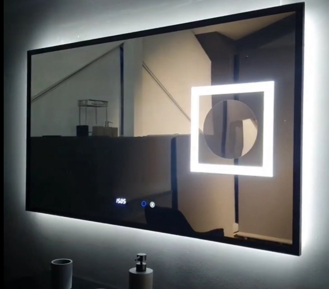 Дзеркало 120х70см в чорній алюмінієвій рамі з підсвіткою, лінзою, антизапотіванням, годинником і сенсорами