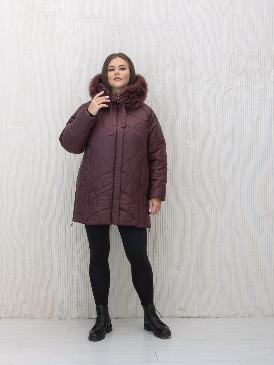 Жіночий теплий пуховик, куртка з хутром песця у кольорі бордо. Зимова куртка великих розмірів для жінок батал, фото 1
