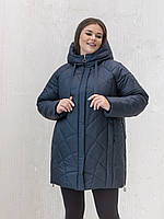 Тенмно-синий удобный фабричный женский пуховик больших размеров, зимняя куртка батал средней длины