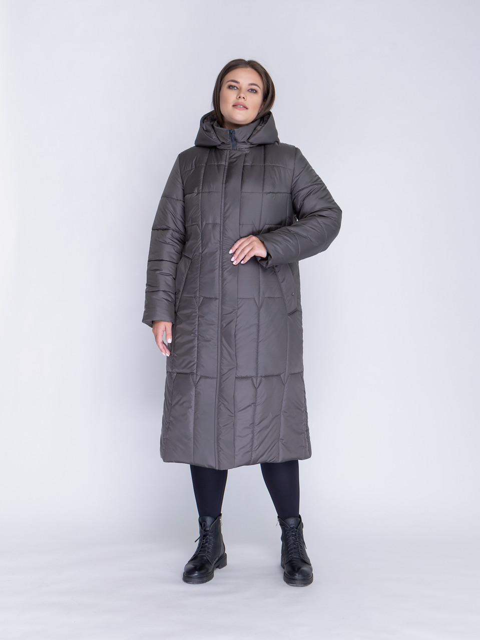 Жіноче довге сіре тепле зимове пальто пуховик з капюшоном, великі розміри, фото 1