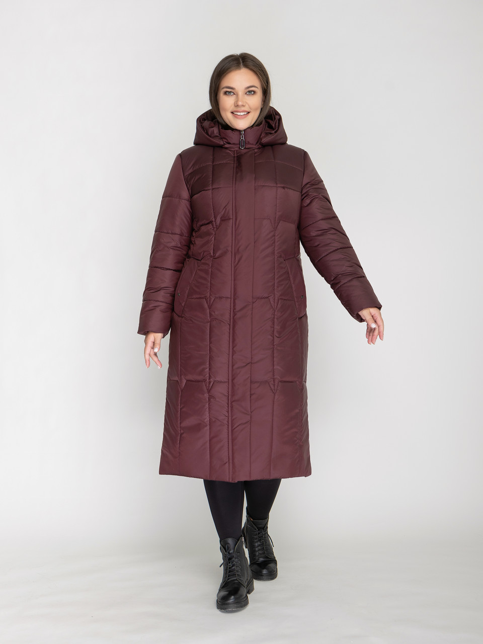Жіноче довге бордове тепле зимове пальто пуховик з капюшоном, великі розміри, фото 1