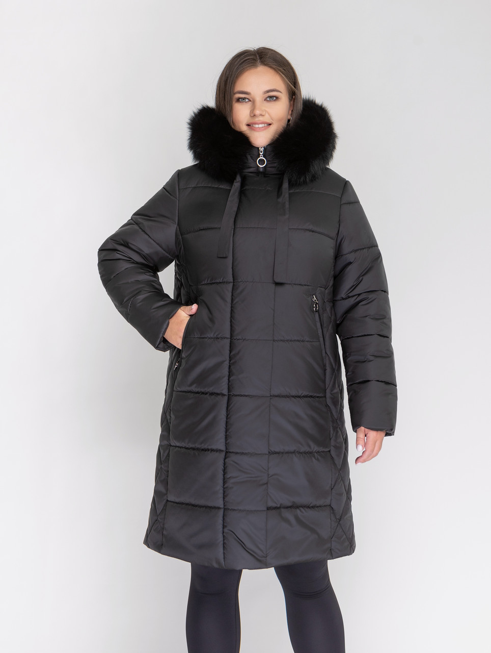 Жіноча чорна зимова тепла куртка пуховик до коліна з хутром песця, великі розміри, фото 1
