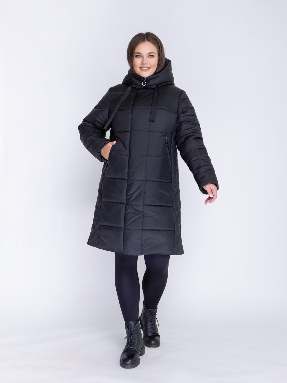 Жіноча чорна зимова тепла куртка пуховик до коліна, великі розміри, фото 1