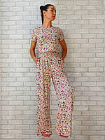 Пижама женская оптом, домашний костюм футболка - топ и штаны (цветочный принт) р.44 48 52