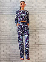 Женский леопардовый костюм оптом, пижама короткая кофта - топ с длинным рукавом и широкие штаны р.44 48 52