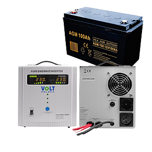 Аварійний комплект Volt Polska SINUS PRO 2000 E 12/230V 1250/2000W + Акумулятор VOLT AGM VRLA 100Ah 12V, фото 1