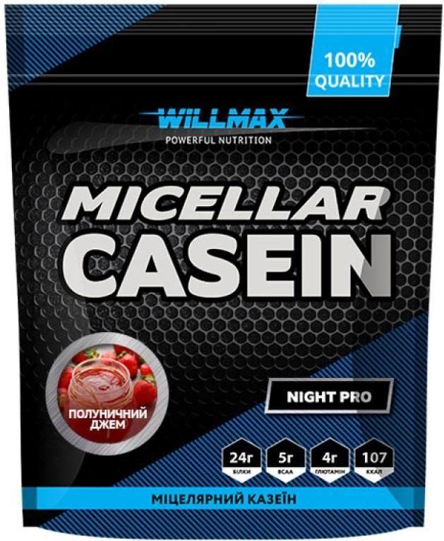 Казеїн сироватковий білок Willmax Micellar Casein 900 г полуничний джем