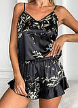 Чорна жіноча літня піжама зі стрейчевого атласу з принтом, фото 5