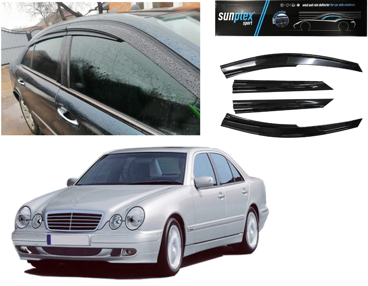 Дефлектори вікон вітровики для Mercedes E-klasse W-210 седан 1995-2002 (скотч) Sunplex Туреччина, фото 1