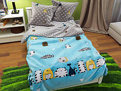 Дитячий підлітковий комплект котики сіро-блакитний 150х220 з Бязі Gold комбінований полуторний, Черешенька
