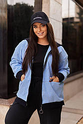 Жіноча модна демісезонна куртка вельветовий бомбер стильна сорочка в клітинку вовна великі розміри батал