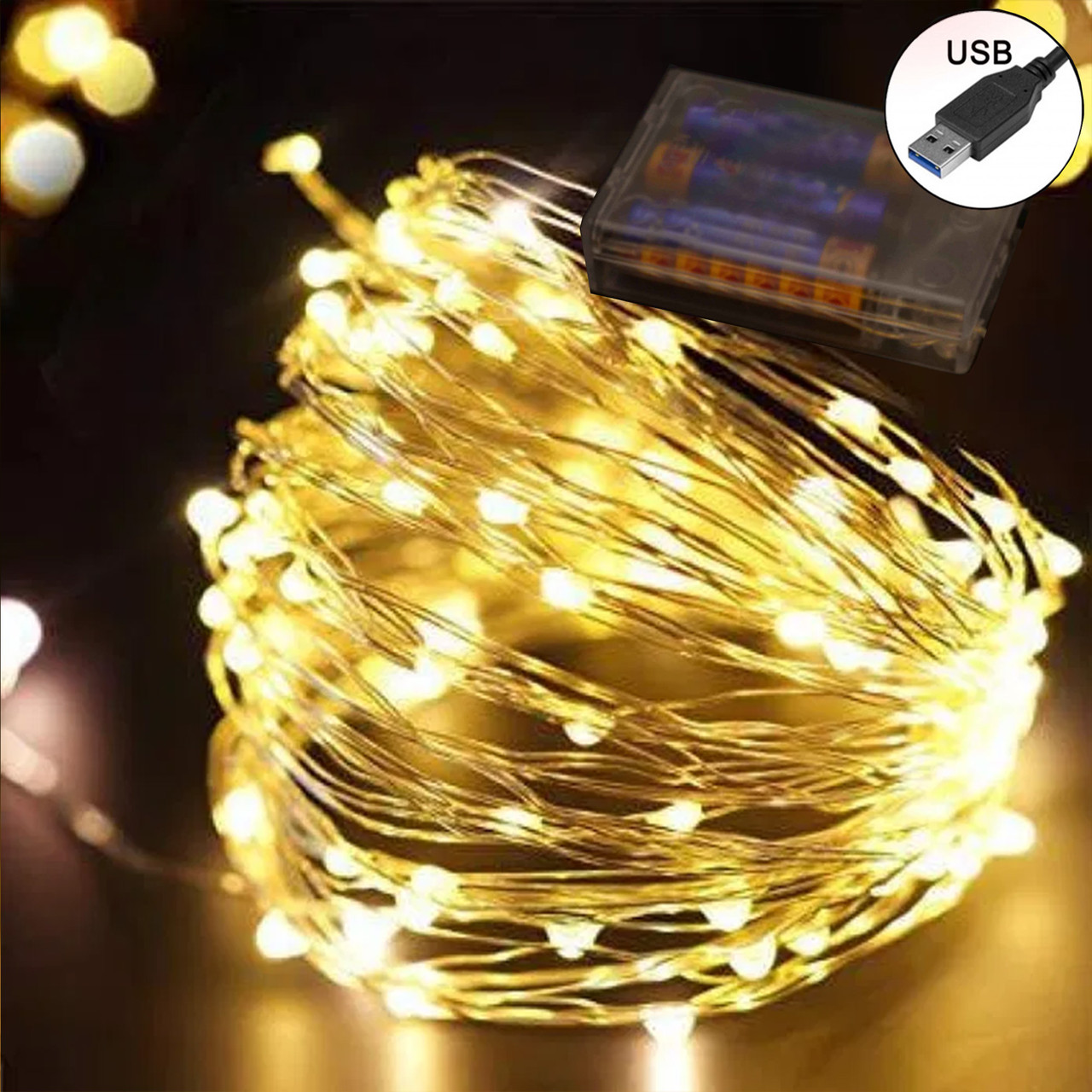 LED-гірлянда 5м +usb (освітлення) для лялькового будиночка NestWood, тепле світло, 2в1 на батарейках + usb