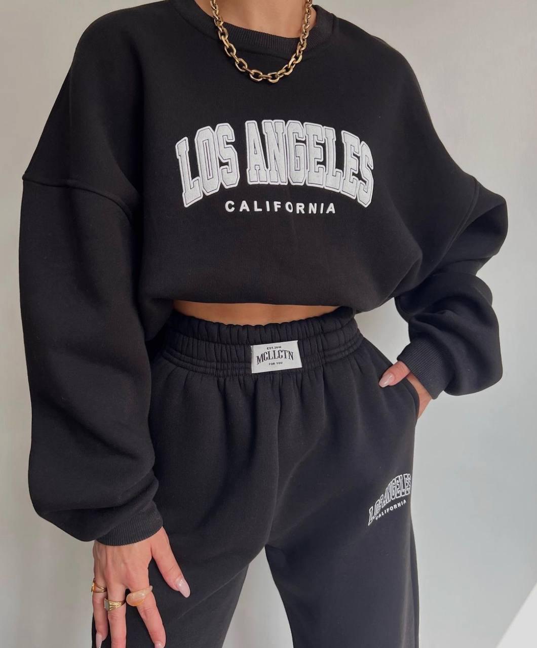 Жіночий базовий теплий спортивний костюм Los Angeles батник і прямі штани тринитка на флісі OS, фото 1