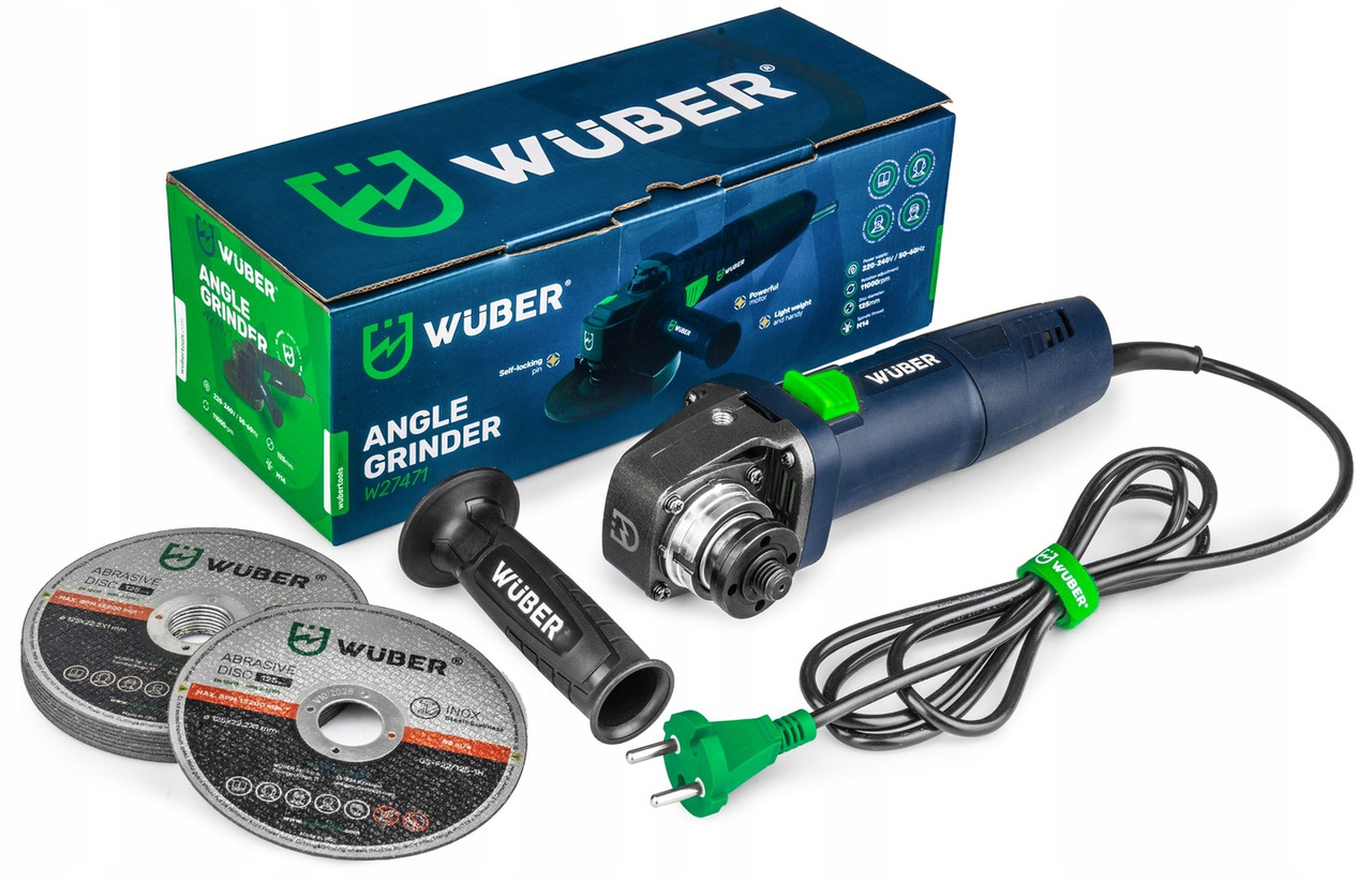 Шліфмашина кутова Wuber 1500 Вт 125 мм + 10 дисків Кутова шліфувальна машина Шліфувальна машина для бетону, фото 1