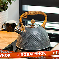 Чайник для плити 3 літри зі свистком та дерев'яною ручкою сірий