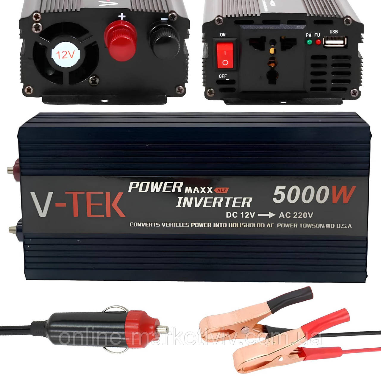 Інвертор автомобільний від прикурювача 5000W, DC/AC 12V-220V, V-TEK / Перетворювач напруги для авто, фото 1