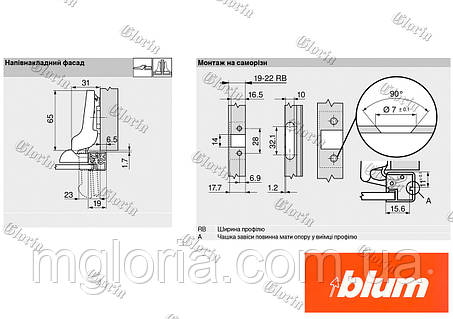 Петля полунакладная Blum Clip-Top для профиля Z1 71T960А