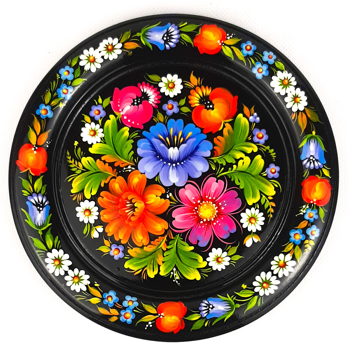 Тарілка декоративна Петриківський розпис ЯСКРАВИЙ БУКЕТ ручної роботи з дерева 20 см Український сувенір, фото 1